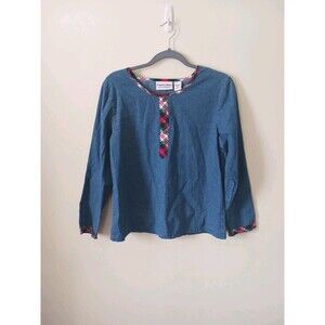 Country Store Womens Plaid Trim  Blue Denim‎ Pullover Shirt Size S